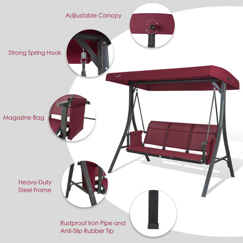 kozyard outdoor porch swing key features, 3-seat patio swing chair with adjustable canopy, strong spring hooks, magazine bag, anti-slip feet for durable outdoor use
