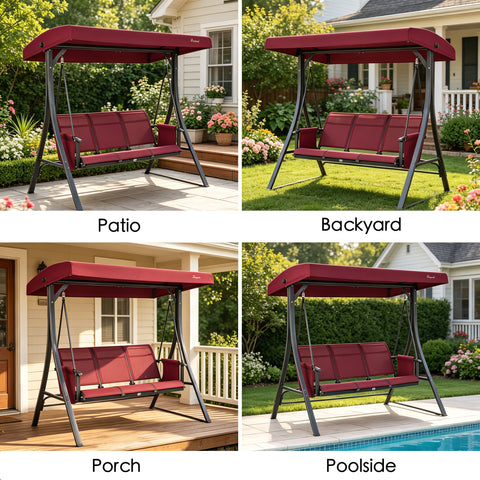 kozyard outdoor swing chair usage scenarios, 3-seat patio swing suitable for patio, backyard, porch, poolside relaxation
