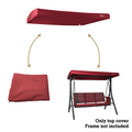 A red-colored canopy for a swing chair is shown in three states: assembled on the swing chair, disassembled, and folded. The text at the bottom reads "Only top cover Frame not included," indicating that only the canopy is being sold, not the swing chair frame. red swing chair canopy, swing chair cover, outdoor canopy, separate canopy, frame not included.