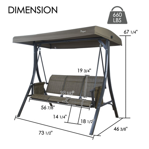 kozyard 3-seat outdoor patio swing chair dimensions, heavy-duty steel frame porch swing with adjustable canopy, supports up to 660 lbs for backyard relaxation
