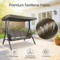 kozyard outdoor porch swing key features, 3-seat patio swing chair with adjustable canopy, strong spring hooks, magazine bag, anti-slip feet for durable outdoor use
