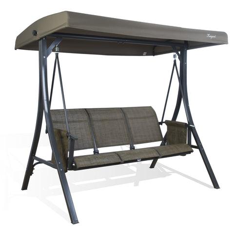 Kozyard 3-Seater Outdoor Swing with Tilt Canopy, Durable Steel Frame, Thick Padded Fabric Seats, Patio Glider Swing for Family Use in Garden, Backyard, Deck
