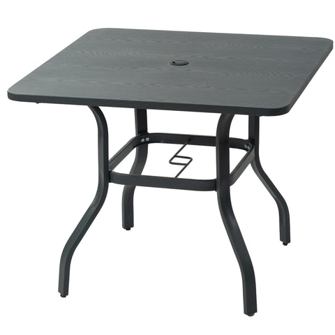 kozyard Square Outdoor Patio Dining Table, Gray Wood-Grain Tabletop, Black Metal Frame, Curved Leg Design, Umbrella Hole Included
