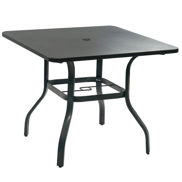 Outdoor Square Patio Table
A black square patio table with a central umbrella hole and a sturdy metal frame, suitable for outdoor use. Keywords: outdoor square table, patio table, umbrella hole
