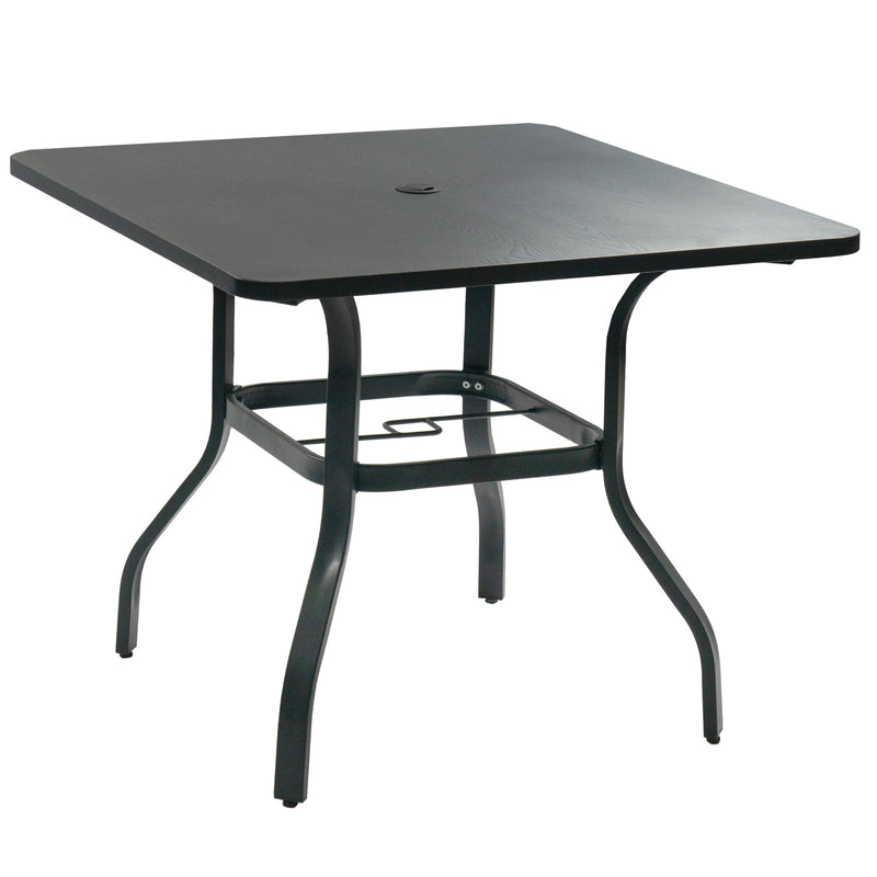 Outdoor Square Patio Table
A black square patio table with a central umbrella hole and a sturdy metal frame, suitable for outdoor use. Keywords: outdoor square table, patio table, umbrella hole
