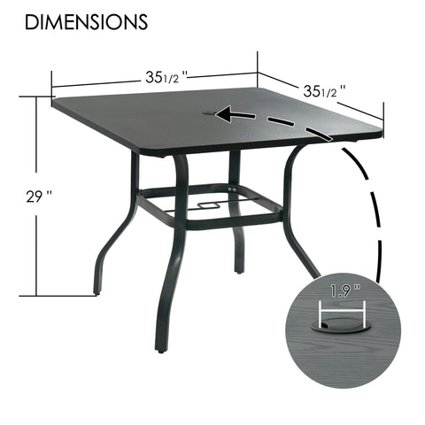 kozyard 35.5" Square Outdoor Dining Table, 29" Height, 1.9" Umbrella Hole, Rust-Resistant Metal Frame, Gray Wood-Grain Tabletop
