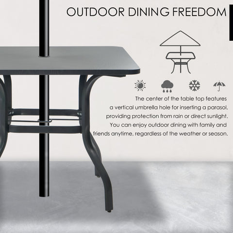 Outdoor Dining Table with Umbrella Hole
A black outdoor dining table with a central vertical umbrella hole, allowing for parasol insertion to protect from weather elements. Keywords: outdoor dining table, umbrella hole, weather protection
