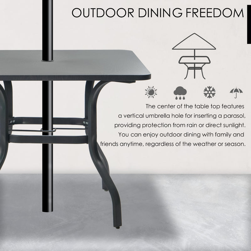 Outdoor Dining Table with Umbrella Hole
A black outdoor dining table with a central vertical umbrella hole, allowing for parasol insertion to protect from weather elements. Keywords: outdoor dining table, umbrella hole, weather protection
