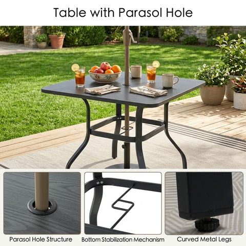 kozyard Outdoor Patio Table with Central Parasol Hole, Bottom Stabilization Mechanism, Curved Metal Legs, Gray Wood-Grain Tabletop
