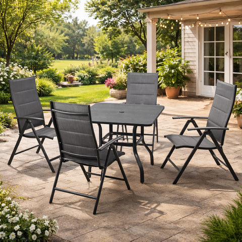 kozyard 4-Person Square Outdoor Dining Table, Black Metal Frame, Gray Wood-Look Tabletop, Perfect for Patio Family Gatherings
