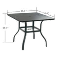 Dimensions of Outdoor Square Patio Table
A black square outdoor patio table with labeled dimensions: length and width 35.4 inches, height 29.1 inches, and a central umbrella hole. Keywords: outdoor patio table, dimensions
