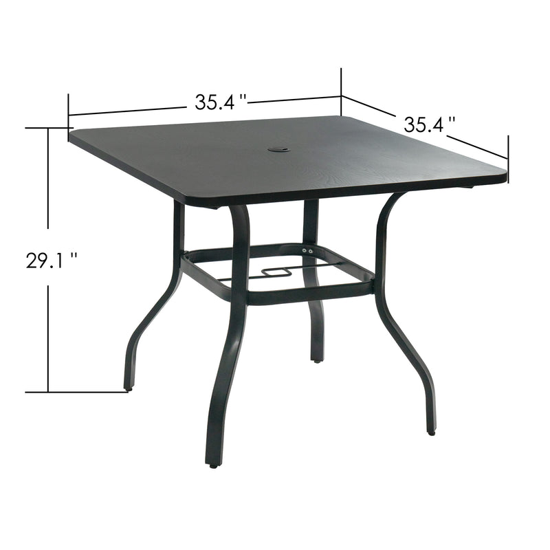 Dimensions of Outdoor Square Patio Table
A black square outdoor patio table with labeled dimensions: length and width 35.4 inches, height 29.1 inches, and a central umbrella hole. Keywords: outdoor patio table, dimensions
