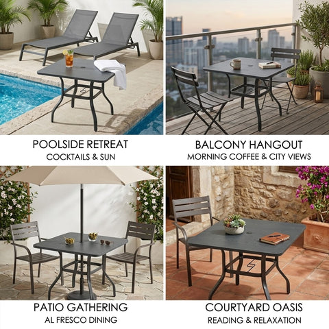 kozyard Square Outdoor Patio Table, Versatile for Poolside, Balcony, Patio & Courtyard Use, Sturdy Metal Frame, Gray Wood-Grain Tabletop
