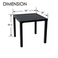 Kozyard outdoor side table dimensions showing a 19 x 19 inch square tabletop and 18 1/8 inch height. Compact black metal patio table with slatted top and four sturdy legs, designed for balconies, porches, decks, gardens and poolside seating. Space-saving outdoor end table offers a practical size for drinks, plants, snacks and everyday patio use.