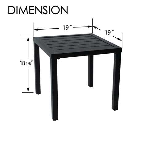 Kozyard outdoor side table dimensions showing a 19 x 19 inch square tabletop and 18 1/8 inch height. Compact black metal patio table with slatted top and four sturdy legs, designed for balconies, porches, decks, gardens and poolside seating. Space-saving outdoor end table offers a practical size for drinks, plants, snacks and everyday patio use.