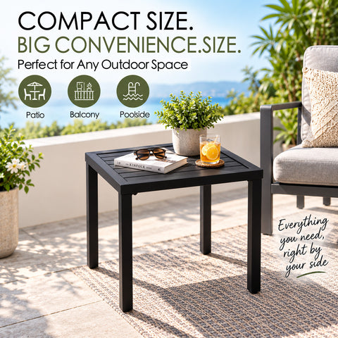 Kozyard compact black outdoor side table for patio, balcony and poolside use, featuring a square slatted metal tabletop and modern space-saving design. Ideal as a patio end table beside outdoor chairs for holding drinks, books, sunglasses, plants and décor. Durable outdoor accent table adds convenient surface space to decks, porches, gardens and small balconies.