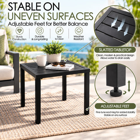 Kozyard black metal outdoor side table with slatted tabletop and adjustable feet for improved stability on uneven patio, balcony, porch and deck surfaces. Durable weather-resistant construction, easy-clean finish and drainage-friendly slat design make this compact patio end table ideal for outdoor seating areas, gardens and poolside spaces in changing weather conditions.