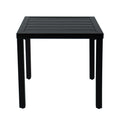 Kozyard black outdoor side table with modern square design, slatted metal tabletop and four sturdy legs on a clean white background. Compact patio end table is ideal for balconies, porches, decks, gardens and poolside seating, offering a durable weather-resistant surface for drinks, plants, snacks and décor while complementing modern outdoor furniture sets.

