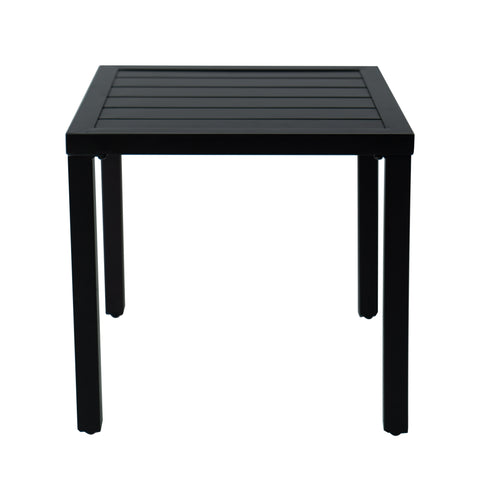 Kozyard black outdoor side table with modern square design, slatted metal tabletop and four sturdy legs on a clean white background. Compact patio end table is ideal for balconies, porches, decks, gardens and poolside seating, offering a durable weather-resistant surface for drinks, plants, snacks and décor while complementing modern outdoor furniture sets.

