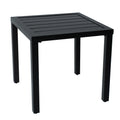 Kozyard black outdoor side table with modern square design, slatted metal tabletop and four sturdy legs on a clean white background. Compact patio end table is ideal for balconies, porches, decks, gardens and poolside seating, offering a durable weather-resistant surface for drinks, plants, snacks and décor while complementing modern outdoor furniture sets.

