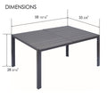 kozyard outdoor patio dining table with slatted top, powder-coated metal frame, dimensions diagram showing length width and height for garden furniture
