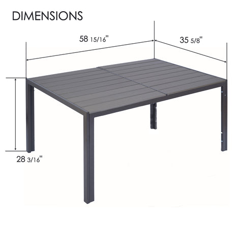 kozyard outdoor patio dining table with slatted top, powder-coated metal frame, dimensions diagram showing length width and height for garden furniture
