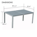 kozyard outdoor patio dining table with slatted top, powder-coated metal frame, dimensions diagram showing length width and height for garden furniture
