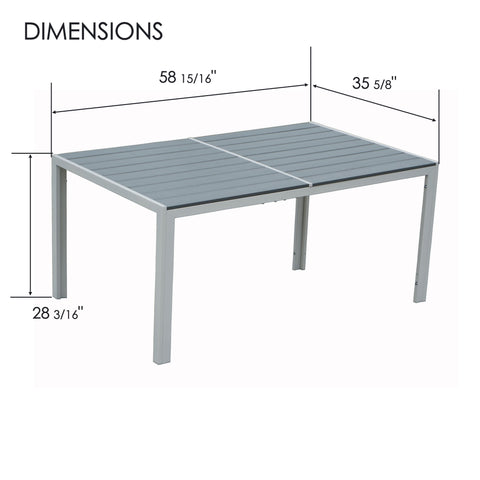 kozyard outdoor patio dining table with slatted top, powder-coated metal frame, dimensions diagram showing length width and height for garden furniture
