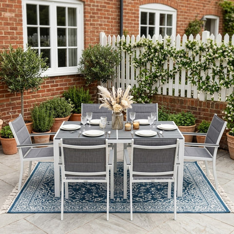 kozyard 6-Person Outdoor Patio Dining Table, Wood-Look Steel Slat Top, Rust-Resistant Metal Frame, Perfect for Patio Family Meals
