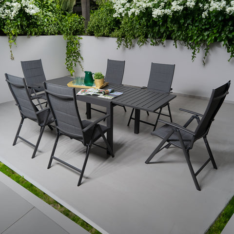 kozyard patio dining set, outdoor furniture set with expandable table and folding chairs, aluminum alloy frame with textilene fabric, weather-resistant patio furniture for backyard garden deck, space-saving outdoor dining set for 6 people
