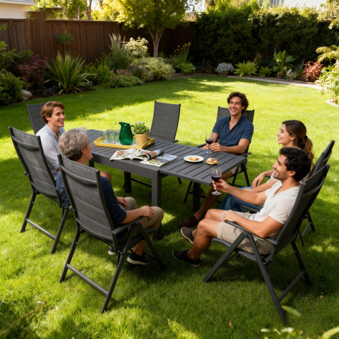kozyard outdoor patio dining set, expandable table with adjustable folding chairs, aluminum frame and textilene material, all-weather outdoor furniture for garden backyard, comfortable patio dining set for family gatherings
