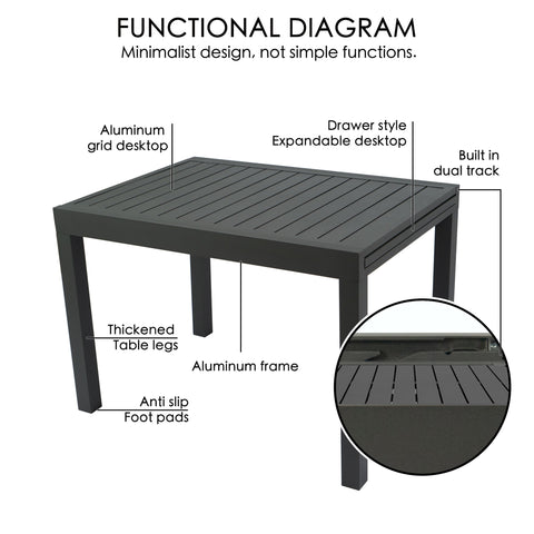 Kozyard aluminum outdoor table featuring a grid-style desktop, drawer-style expandable design, built-in dual tracks, thickened legs and anti-slip foot pads for stable patio use.