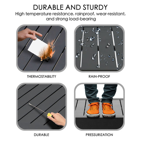 Kozyard aluminum tabletop durability test showing heat resistance, water-repellent surface, scratch resistance with a tool, and strong load-bearing with feet standing on the slatted panel.