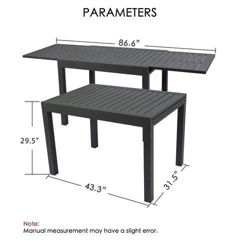 Kozyard expandable aluminum outdoor table showing size details with a 86.6-inch extended top, 43.3-inch standard length, 31.5-inch width, and 29.5-inch height for patio dining use.