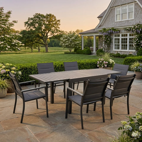 kozyard outdoor patio dining set, expandable aluminum table with 6 padded chairs, weatherproof backyard garden furniture
