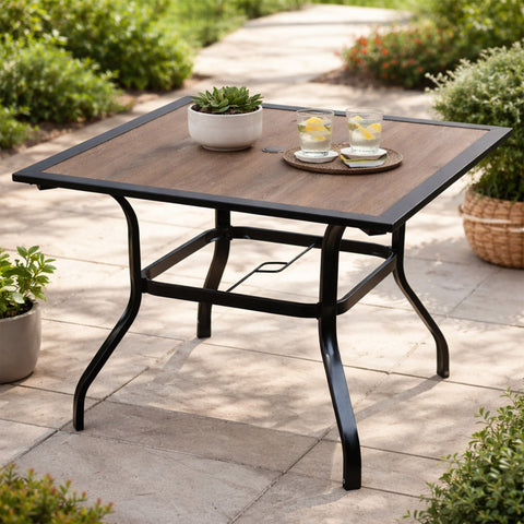 ceramic patio table with umbrella hole 37" Bistro Steel Slat ceramic top that is resistant to scratching and easy to clean Kozyard 37" Square Outdoor Dining