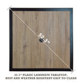 A square dining table top with a rustic wooden-look plastic laminate finish, measuring 52.3 inches diagonally. The table top is framed with a dark black border, and it is described as rust and weather-resistant, and easy to clean. dining table top, 52.3 inches square, plastic laminate, rust-resistant, weather-resistant, black frame.