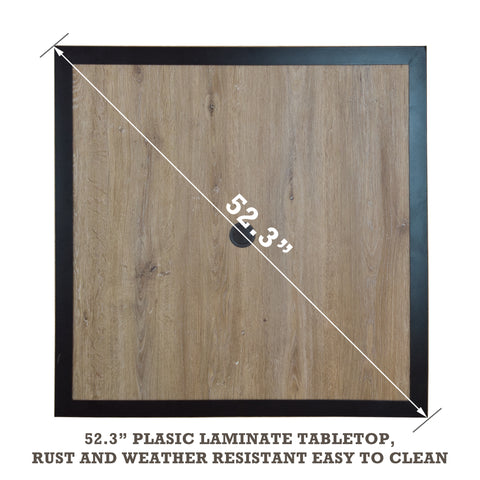 A square dining table top with a rustic wooden-look plastic laminate finish, measuring 52.3 inches diagonally. The table top is framed with a dark black border, and it is described as rust and weather-resistant, and easy to clean. dining table top, 52.3 inches square, plastic laminate, rust-resistant, weather-resistant, black frame.