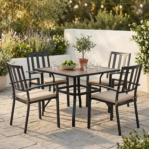 kozyard Square Outdoor Patio Dining Table, 4-Person Capacity, Black Metal Frame, Wood-Look Tabletop, Perfect for Backyard Family Meals
