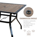 A square outdoor dining table with a black-toned frame and a rustic-looking wooden tabletop. It features a 1.9-inch diameter umbrella hole, allowing for the placement of an outdoor umbrella to provide shade during leisure time. outdoor dining table, black frame, umbrella hole, rustic tabletop, shade for leisure.