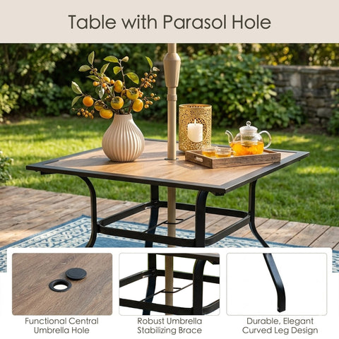 long patio table with umbrella hole HAPPATIO Outdoor Dining Set, Aluminum Patio Dining Set Includes 1 Outdoor Dining and Dining Chairs, Patio Furniture Set this dining table is fortified with additional wood crossbars for enhanced strength and longevity 70in Outdoor Patio Rectangle Aluminum