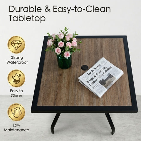 kozyard Outdoor Dining Table, Strong Waterproof Wood-Look Tabletop, Easy to Clean & Low Maintenance, Black Metal Frame for Patio & Deck
