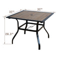 A square outdoor dining table with a black-hued metal frame and a rustic-looking tabletop. The table measures 37 inches in length and width, and stands 28.3 inches in height. It also features an umbrella hole at the center. outdoor dining table, square table, black frame, 37 inches, 28.3 inches height, umbrella hole.