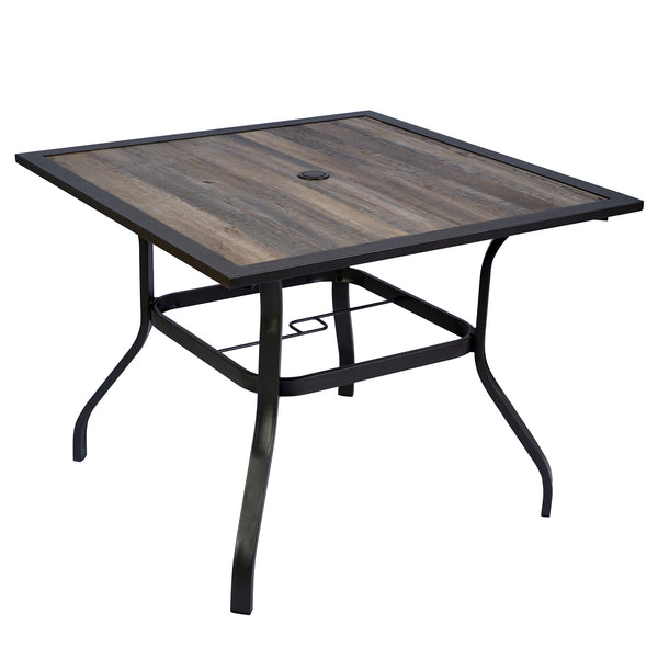 A square outdoor dining table with a faux - wood finish top and a dark brown metal frame. It features an umbrella hole in the center, perfect for outdoor dining set - ups. Outdoor Square Dining Table with Brown Frame and Umbrella Hole. outdoor dining table, square table, brown metal frame, faux - wood top, umbrella hole.