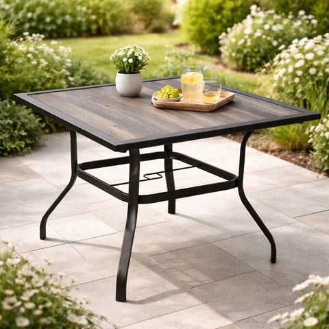kozyard Square Outdoor Patio Table, Wood-Grain Tabletop, Sturdy Black Metal Frame, Ideal for Backyard, Patio & Garden Dining
