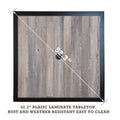 A square dining table top with a rustic wooden - look plastic laminate finish, measuring 52.3 inches diagonally. The table top is framed with a dark brown border, and it is described as rust and weather - resistant, and easy to clean. 52.3 - inch Square Dining Table Top with Rust - Resistant Plastic Laminate and Brown Frame. dining table top, 52.3 inches square, plastic laminate, rust - resistant, weather - resistant, brown frame.
