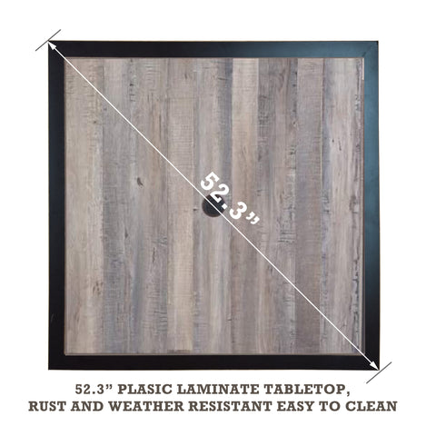 A square dining table top with a rustic wooden - look plastic laminate finish, measuring 52.3 inches diagonally. The table top is framed with a dark brown border, and it is described as rust and weather - resistant, and easy to clean. 52.3 - inch Square Dining Table Top with Rust - Resistant Plastic Laminate and Brown Frame. dining table top, 52.3 inches square, plastic laminate, rust - resistant, weather - resistant, brown frame.