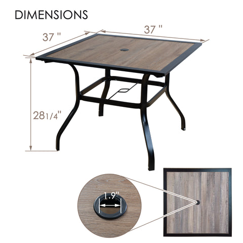kozyard 37" Square Outdoor Dining Table, 28 1/4" Height, 1.9" Umbrella Hole, Rust-Resistant Metal Frame, Wood-Look Waterproof Tabletop

