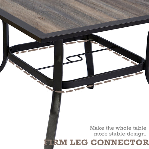 A close - up view of the lower part of an outdoor dining table with a brown - toned frame. The image highlights the firm leg connector design, which enhances the table's stability. The tabletop has a rustic wooden appearance. Outdoor Dining Table with Brown Frame: Sturdy Leg Connector Design. outdoor dining table, brown frame, firm leg connector, stable design, rustic tabletop.