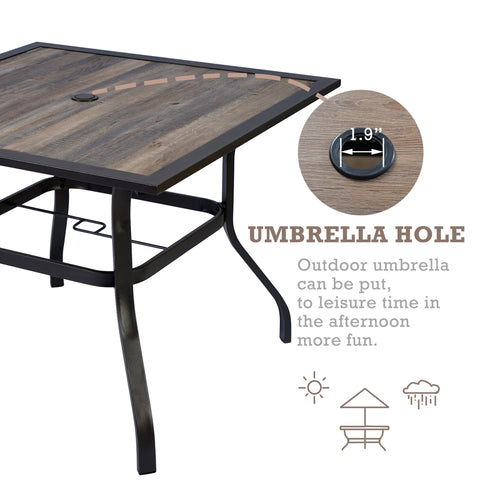 A square outdoor dining table with a brown - toned frame and a rustic - looking wooden tabletop. It features a 1.9 - inch diameter umbrella hole, allowing for the placement of an outdoor umbrella to provide shade during leisure time.Outdoor Dining Table with Brown Frame and 1.9 - inch Umbrella Hole. outdoor dining table, brown frame, umbrella hole, rustic tabletop, shade for leisure